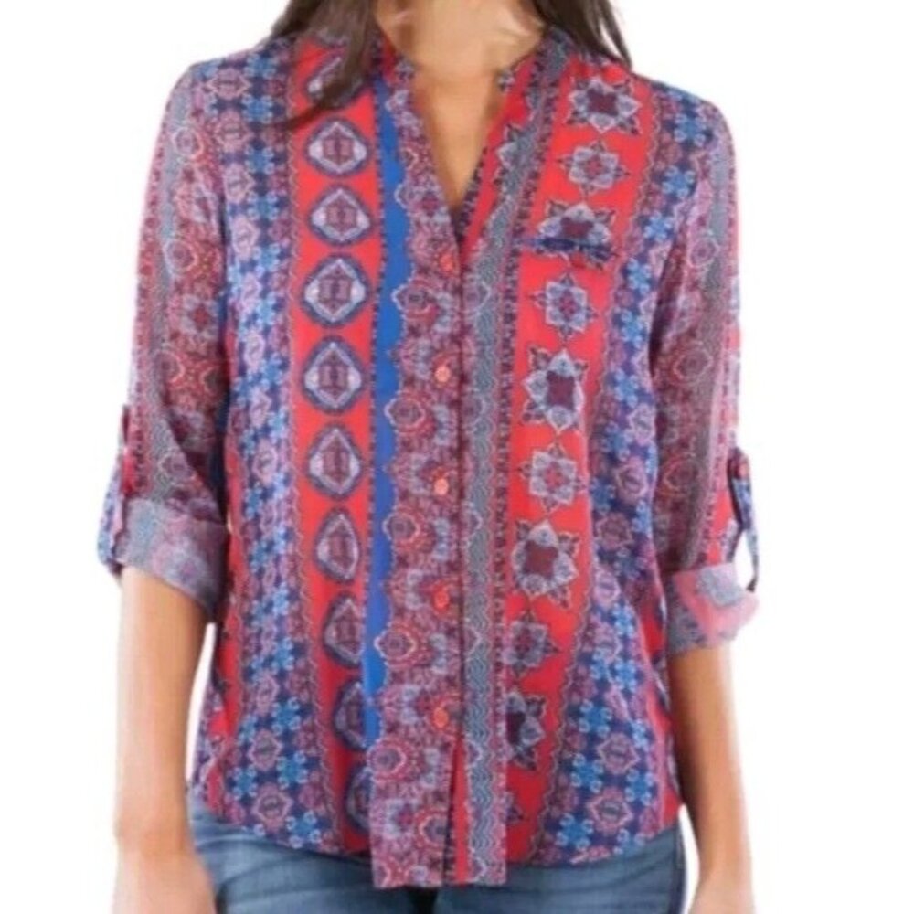 KUT from the Kloth Jasmine Chiffon Floral Blouse Roll-Tab Sleeves Semi-Sheer LG